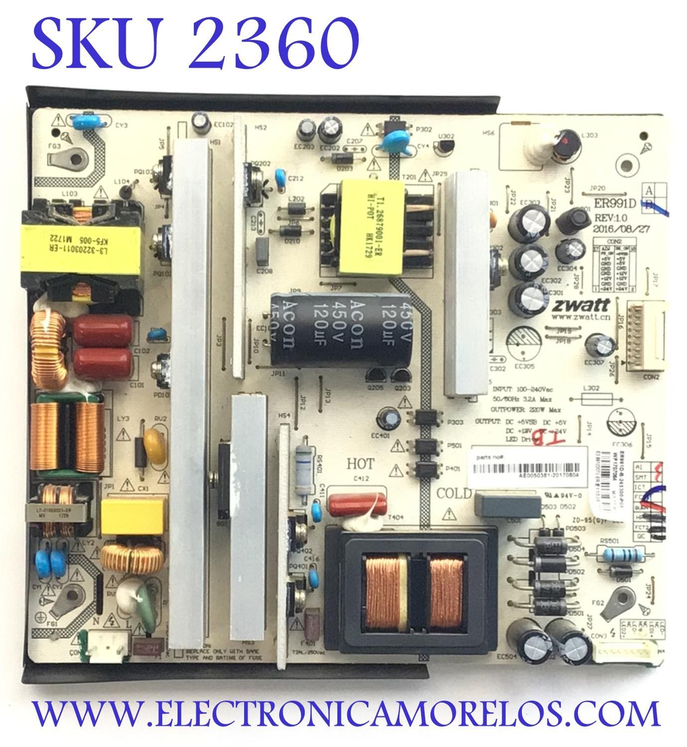 FUENTE PARA TV RCA NUMERO DE PARTE AE0050381 / ER991D / ER991D-B-245300-P08 / WP1707064 / PANEL LSC650FJ11 / MODELO RTU6549-C
